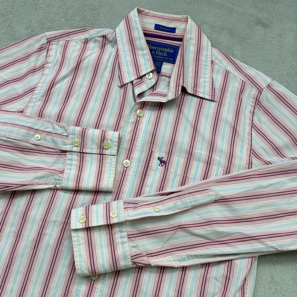 VTG Abercrombie & Fitch Button Down Mens S Pink Striped Muscle Fit Long Sleeve